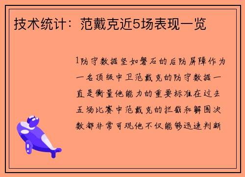 技术统计：范戴克近5场表现一览