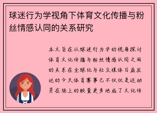 球迷行为学视角下体育文化传播与粉丝情感认同的关系研究